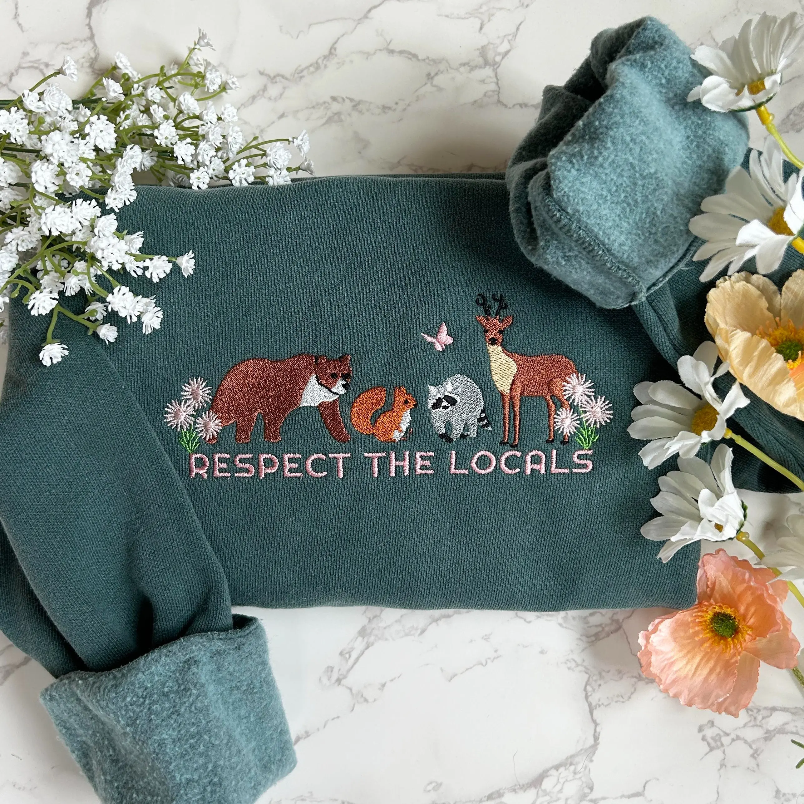 Respect Local Wildlife Embroidered Granola Girl Sweatshirt Cotton Comfort Fabric Fleece