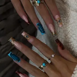 Turquoise Ring Accent Press-On Nails, Nude Base with Blue & Amber Tips, Gold Jewelry-Inspired Details, High-Gloss Luxury Nail Art, Statement Nails for Chic Fashion Looks
