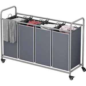 Laundry Basket, 4-Bag Laundry Hamper, Grey Laundry Sorter with Duty Lockable Rolling Wheels, Laundry Room with Removable Bags Basket Separator for Dirty Clothes