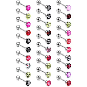 FLORIDECO 30pcs Stainless Steel Straight Barbell Body Jewelry Set, Fancy Words, Pictures & Logo Designs for Tongue Piercing
