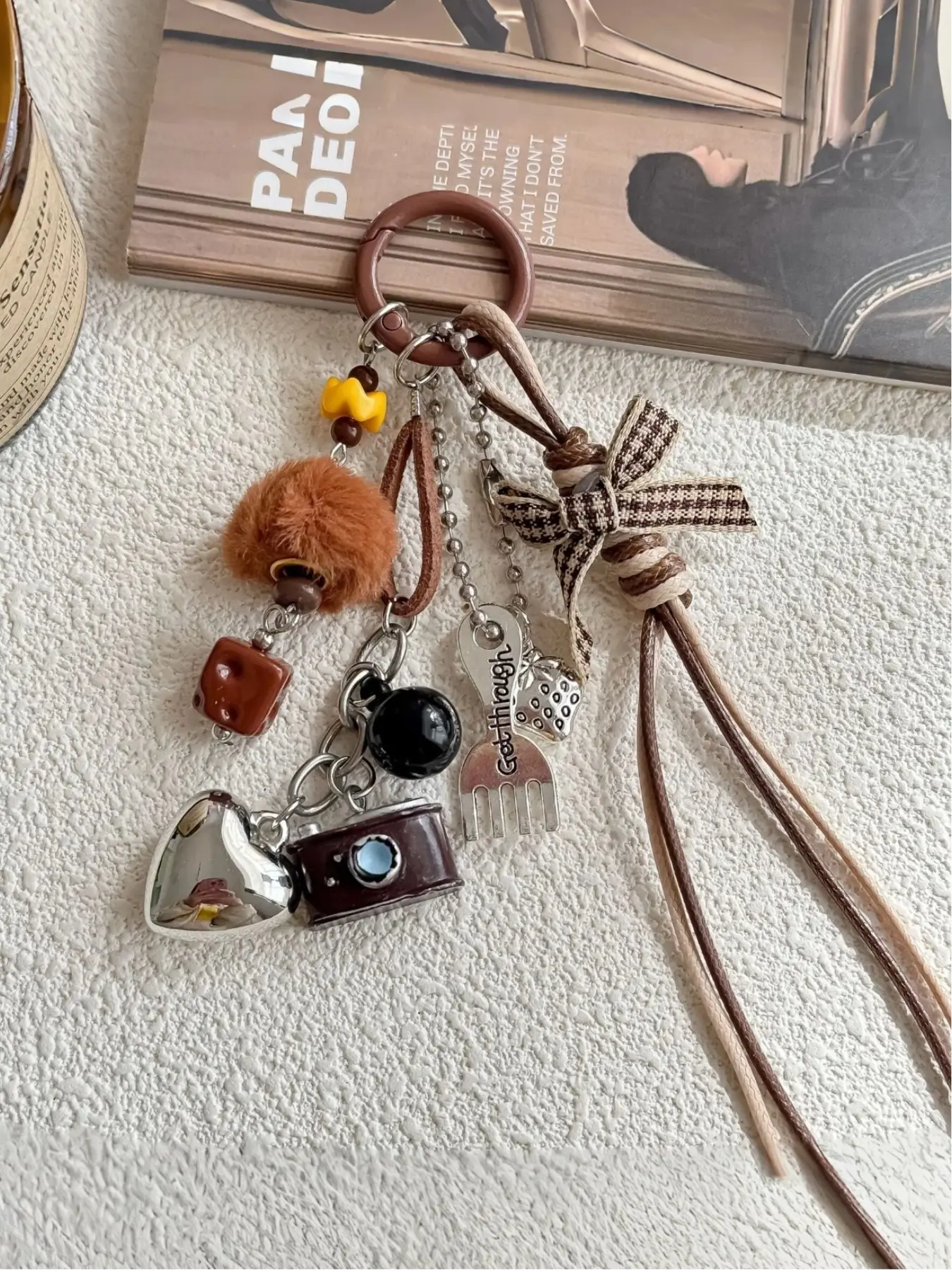 Vintage Brown Aesthetic Bag Charm, Plush Ball Dice Heart Strawberry Pendant, Gingham Bow Braided Fringe Keychain, Y2K Sweet Cool Style Keychain, Fashion Accessory for Bags, Charms for Bags, Trendy Bag Charms, Bag Accessories Charms