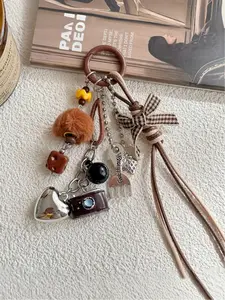 Vintage Brown Aesthetic Bag Charm, Plush Ball Dice Heart Strawberry Pendant, Gingham Bow Braided Fringe Keychain, Y2K Sweet Cool Style Keychain, Fashion Accessory for Bags, Charms for Bags