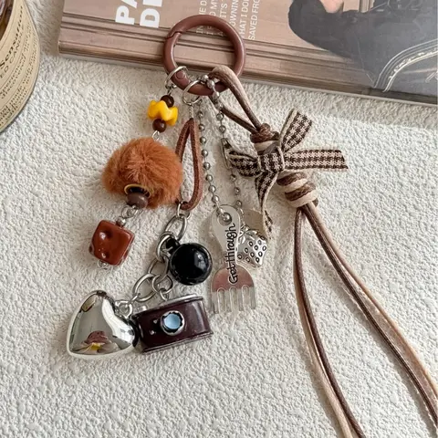 Vintage Brown Aesthetic Bag Charm, Plush Ball Dice Heart Strawberry Pendant, Gingham Bow Braided Fringe Keychain, Y2K Sweet Cool Style Keychain, Fashion Accessory for Bags, Charms for Bags, Trendy Bag Charms, Bag Accessories Charms