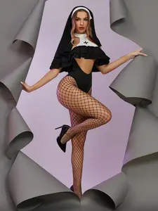 Music festival nun role-playing sexy women's underwear and net sock set, contrasting color cross halter backless jumpsuit + veil and free net socks, suitable for party and festival outfits