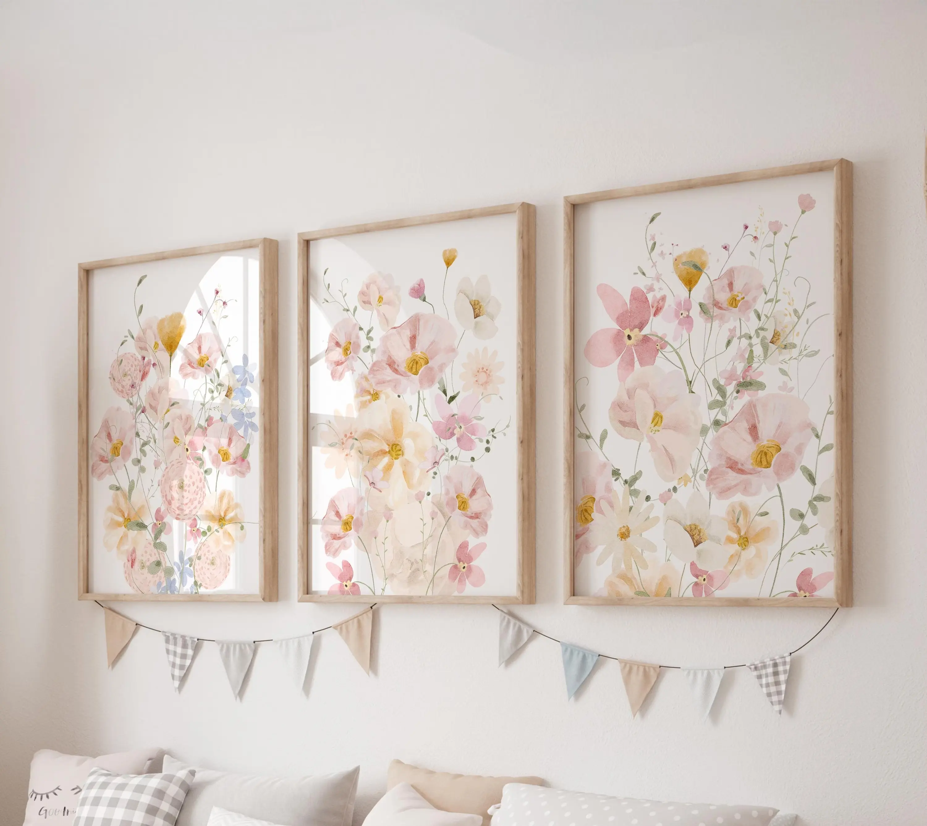 Set of 3 Wildflower Poster Unframed , Pink Flowers Wall Art Set, Floral Posters, Modern Art, Kids Bedroom Decor, Girl Nursery Decor, Playroom Prints