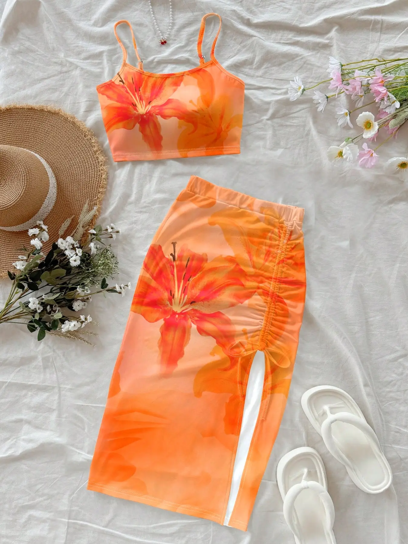 Women's Summer Vacation Two-Piece Set, Floral Lily Print Halter Top Cropped Short Sleeveless Fitted, Side Pleated Split Slit Midi Skirt, Womenswear, Style, Tank Top