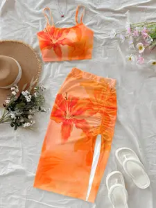 Women's Summer Vacation Two-Piece Set, Lily Print Halter Top Short Sleeveless Fitted, Side Pleated Split Midi Skirt