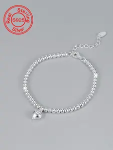 S925 Sterling Silver Simple Beaded Bracelet, Fashionable Heart Charm Decor Bracelet for Women & Girls, Trendy All-match & Exquisite Jewelry for Birthday Gift, Charms Bracelet, Beads Bracelets