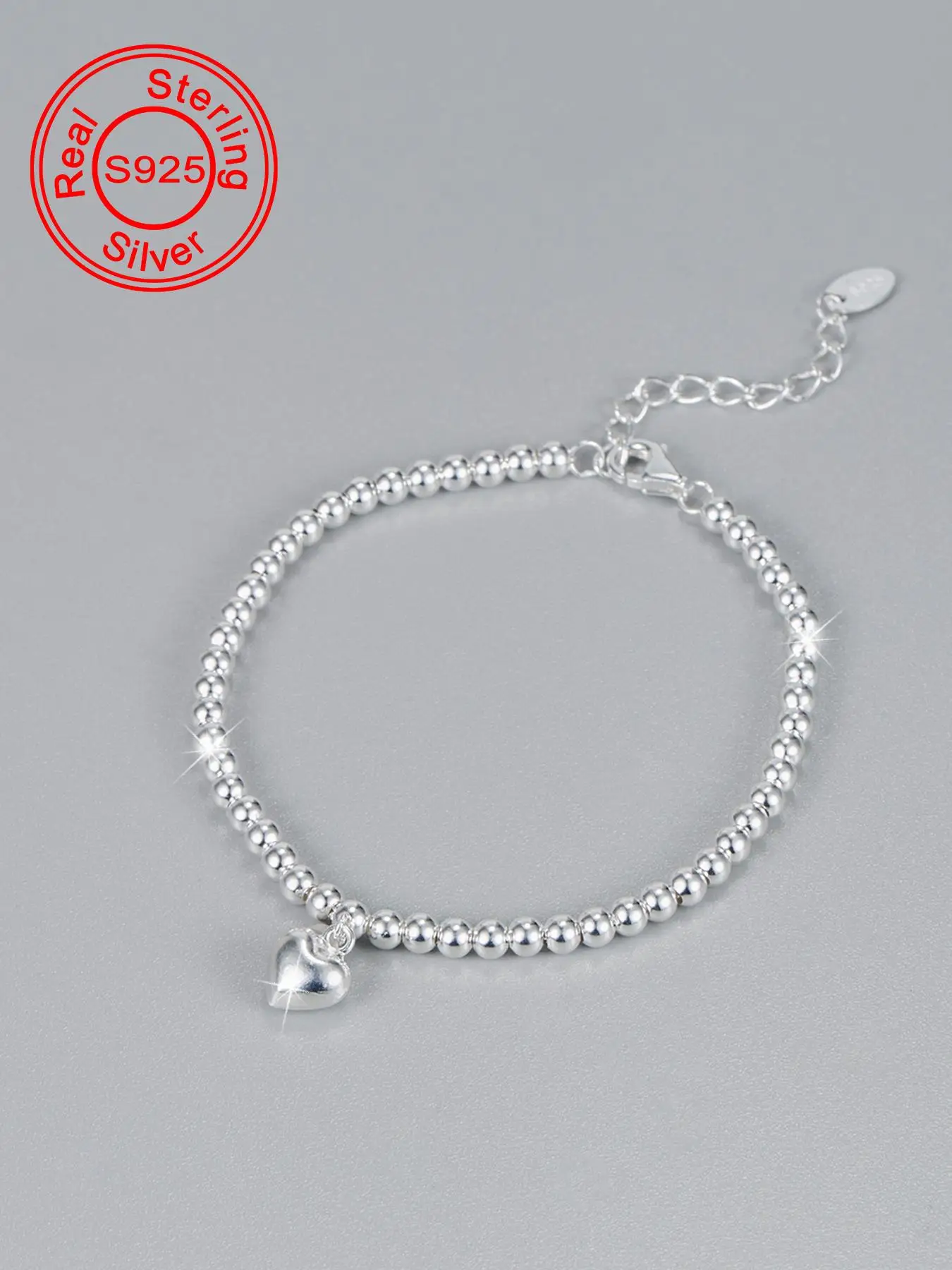 S925 Sterling Silver Simple Beaded Bracelet, Fashionable Heart Charm Decor Bracelet for Women & Girls, Trendy All-match & Exquisite Jewelry for Birthd
