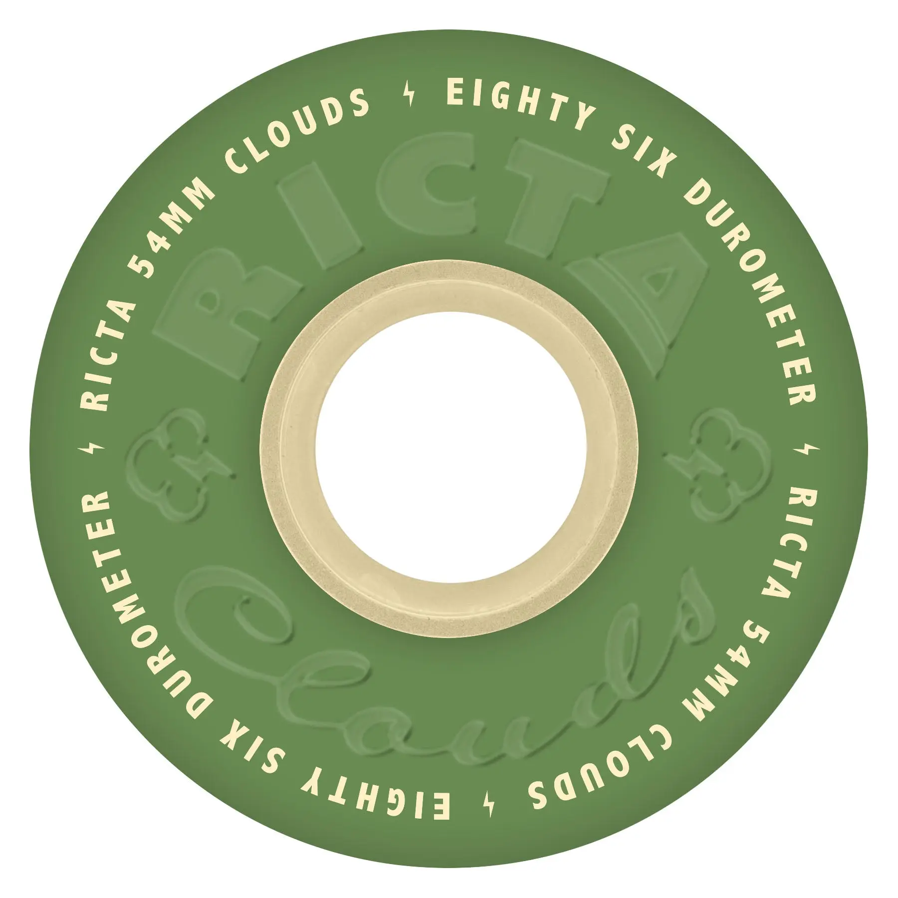 Clouds 54mm Skateboard Wheels, 86a Soft Firmness Green Urethane with a Natural Core and Debossed Print, Ideal for Smooth Cruising on Any Terrain and Filmer Setups, For Any Terrain, Ricta