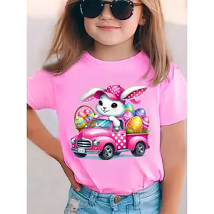 Girls' Easter Bunny Driving with Eggs Short Sleeve T-Shirt - Cute & EASTER Lettering Spring Summer Casual Round Neck Blouse for Easter Egg Hunt Outfits NY-DX5447