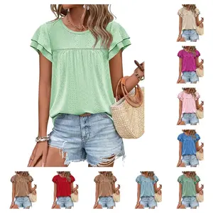 Imily Bela 2026 Womens Summer Tops Crewneck Eyelet Ruffle Sleeve Blouses Casual Babydoll Shirts