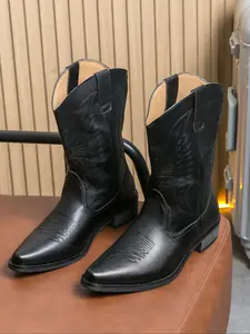 Men's Embroidered Mid-Calf Riding Boots, Pointed Toe Western Cowboy Boots, Vintage Fashion Style, Comfortable Slip-On Design