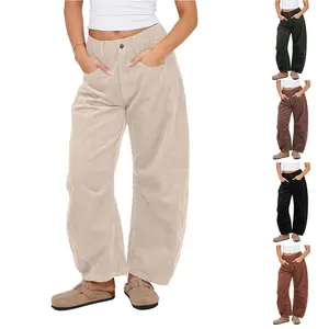 Kingapril Women’s Corduroy Pants, Barrel Cut, Mid-Rise Elastic Waist, Casual Wide-Leg Baggy Trousers with Pockets