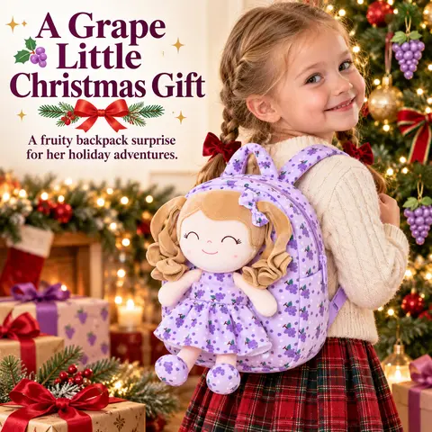 Toddler Backpack for Girls, Purple Grape Preschool Bag with Detachable Plush Doll, 9 Inch Mini School Backpack, Christmas Gift for Little Girls