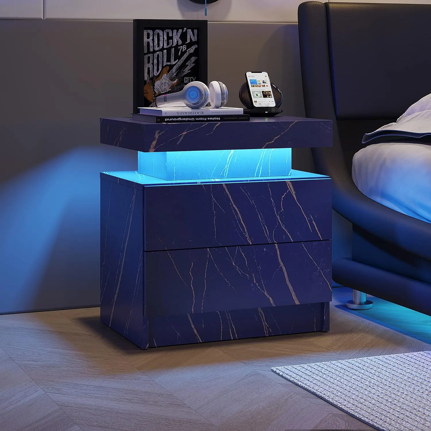 Starry Home Modern Nightstand Bedside LED Table Lamps with Storage - Bedroom End Table with Lights & 2 Drawers