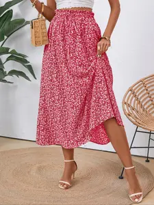 Women's High-Waisted Woven Floral Bottom Skirt Casual Summer Bohemian Elastic-Waist Mid-Length A-line Skirt with Pockets for Women, Womenswear