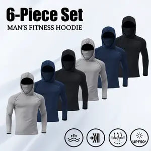 6-Piece Men's Fitness Hoodie Set - Comfortable Long Sleeve Hoodies for Everyday Wear with UPF50+ Protection in Light Gray, Pure Black, and Navy Blue - Athletic Sweatshirt Lightweight Compression Activewear Activewear Running