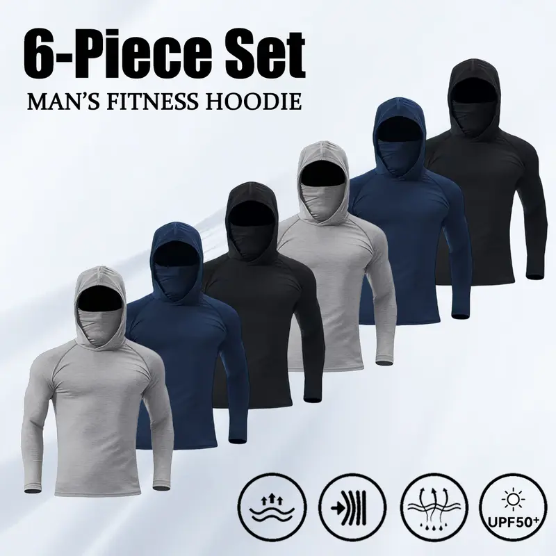 Men's 6-Piece Fitted Pullover Hoodie Set - 3 Pack (2 Light Gray+2 Navy Blue+2 Pure Black), Neutral-Toned Athleisure Street Fit, Long Sleeve Lightweight Compression, UPF50+ Protection, Breathable, Moisture Wicking, Quick Dry, Plain Activewear Running Tops