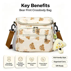 Cute Bear Print Mommy Crossbody Bag with Charm Pendant, Large Capacity Multi-Pocket Diaper Bag, Casual Travel Maternity Bag for Baby Essentials