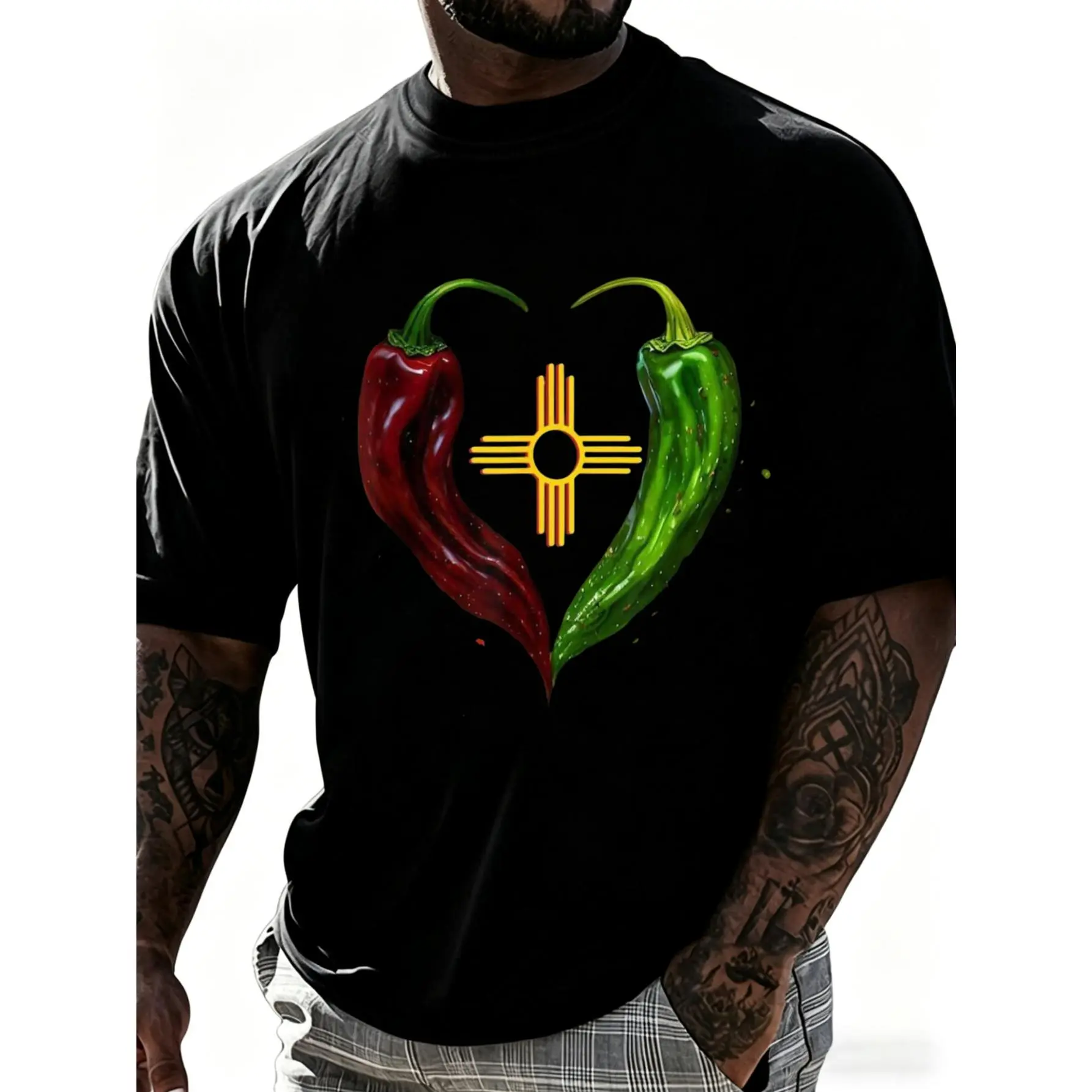 Men's Graphic T-Shirt with Zia Symbol Chili Heart, Casual Classic Short Sleeve Round Neck Top in 100% Soft Cotton