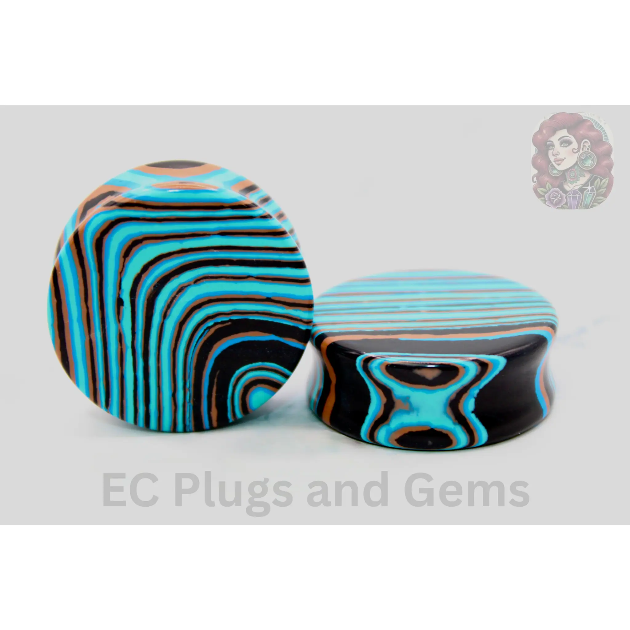 Women's Fashion Natural Blue Striped Malachite Double Flare Gemstone Gauge Plug Earrings, Pair of Multi-Size Crystal Jewelry Accessories, 3mm-50mm Sizes Including 1.125In (28Mm) Striped Bands