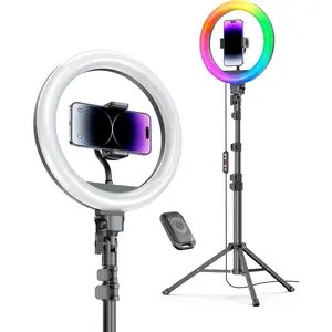 12'' Ring Light with Stand 72'' Tall & 2 Phone Holders,38 Color Modes Selfie Light with Tripod Stand, Big LED Ring Light for iPhone/Android/Camera,YouTube,Makeup,ring light shade