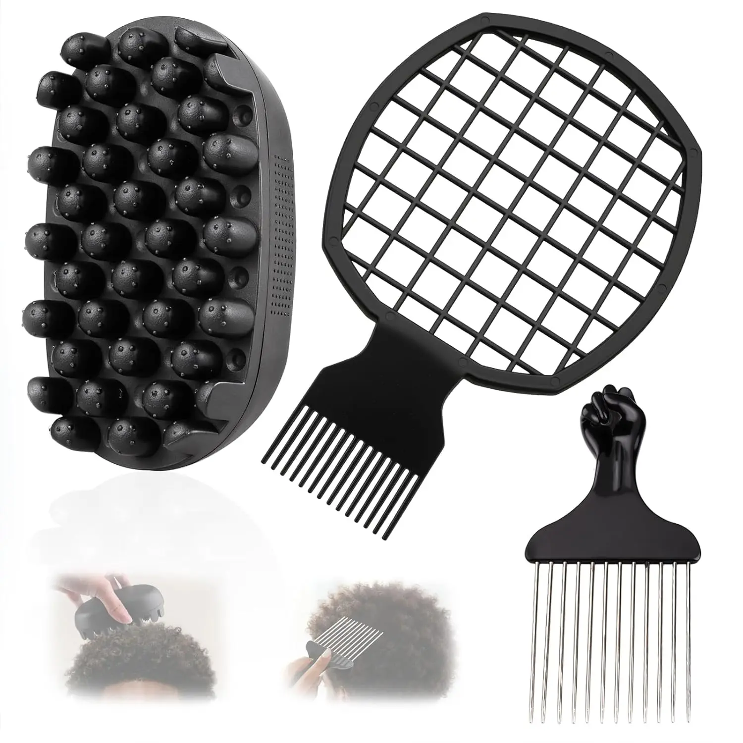 3 Pack Silicone Curling Hair Brush & Metal Afro Pick Hair Comb Set – Durable Washable Curl Sponge for Black Men, Natural Hair, Dreadlocks, Coils & 4C Afro HairStyling Tool