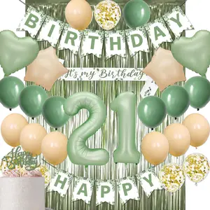 21st Birthday Decorations in Sage Green with Balloons, Sash & Cake Topper for Her/Him