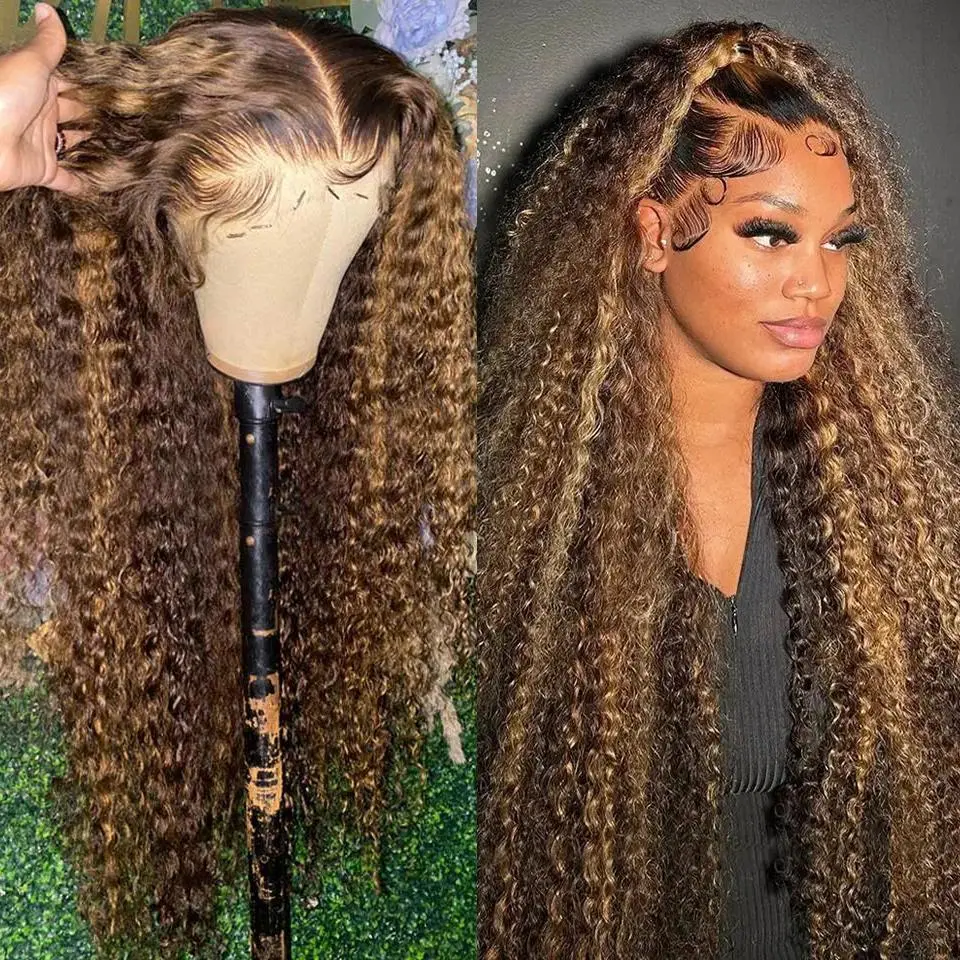 Highlight Ombre Deep Wave 13x6 HD Lace Frontal Wig Human Hair Pre Plucked Brazilian Honey Blonde 4/27 Colored Curly Lace Front Wig Wigs Human Hair For Women 150%