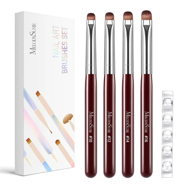 MelodySusie 4Pcs French Manicure with Rosewood Handles Nail Brush Set, Sizes 10, 12, 14, 16, Clean Up Brush, with Brush Holder, Nail Art Tool for Acrylic Application, Powder, Extension & 3D Carving