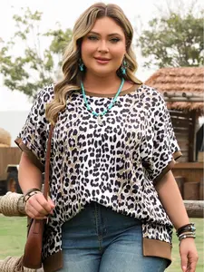 Leopard Contrast Trim Short Sleeve Loose Plus Size Top, Loose Fit Offers A Flattering Silhouette For Plus Size Figures.