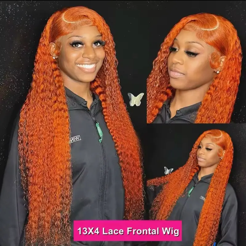 Water Wave Ginger  250% Density Lace Front Wigs Human Hair 13x4 #350 Colored Frontal Wig with Vibrant Orange Color and Natural Look