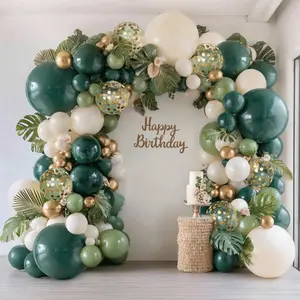 Emerald Green White Gold Balloon Garland Kit with Confetti Arch for Jungle Safari Birthday Decor
