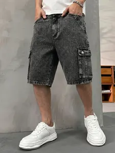 Men's Workwear Distressed Denim Shorts, Multi-Pocket Five-Quarter Pants, Summer Cotton Jean Shorts, Street Style, Loose Fit, Denim Trouser Shorts, Daily Wear