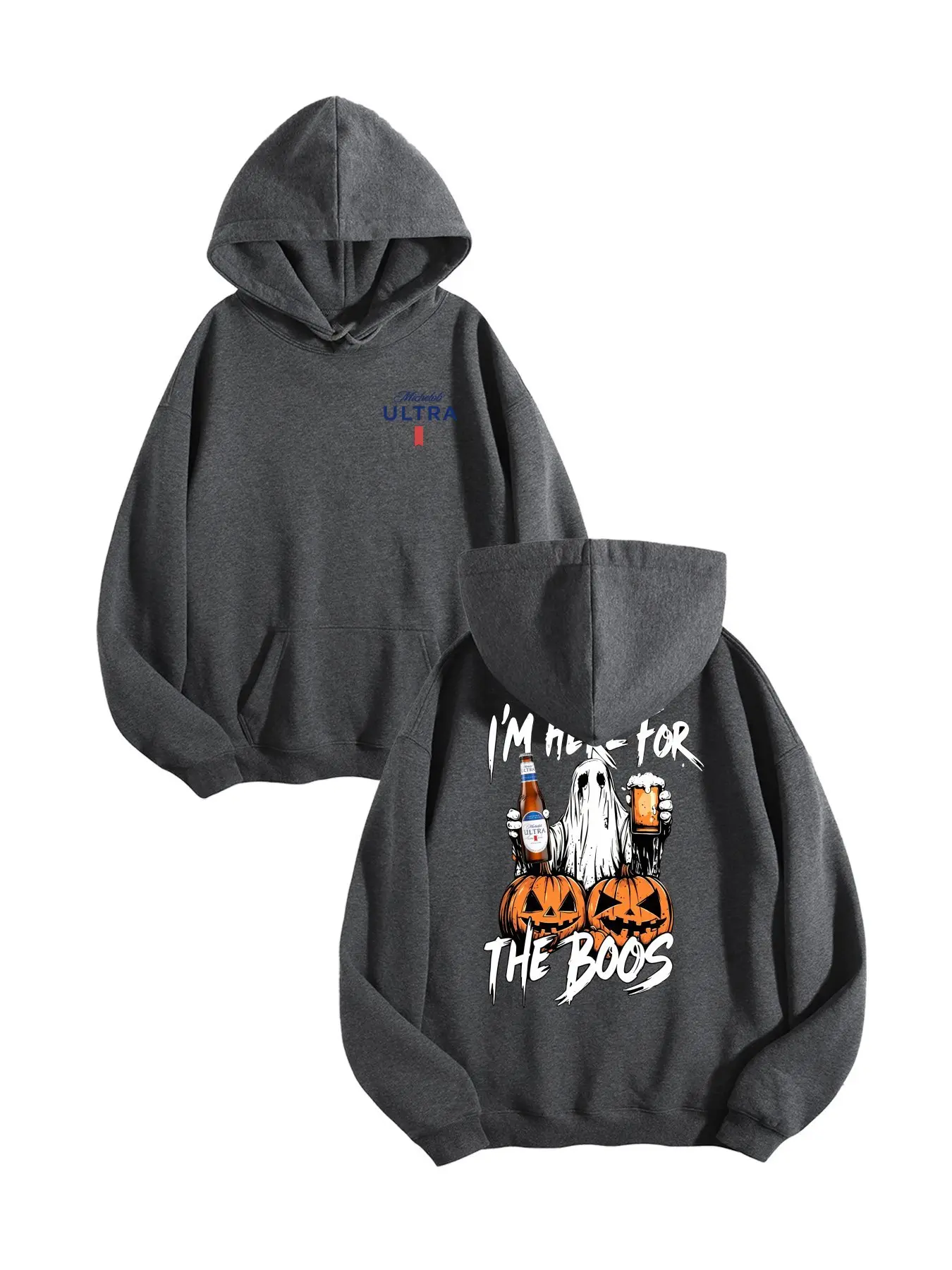 I'm Here For The Boos Double-Sided Graphic Hoodie | 260gsm Heavyweight Streetwear Loose Funny Ghost Drinking Beer Graphic Sweatshirt Fall/Winter Pullover Top for Men & Women, October Festival Outfit Birthday & Holiday Gift Choice