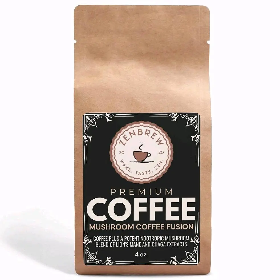 Zen Brew Organic Mushroom Coffee Dark Roast Fusion - Lion's Mane & Chaga 4oz - Nootropics for Brain Health - Bean, Beverage