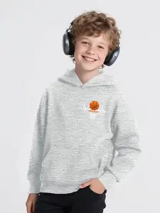 Boys Spring Fall Casual Basketball Print Hooded Long Sleeve Sweatshirt, Comfortable Loose Fit Pullover, Medium to Large Kids