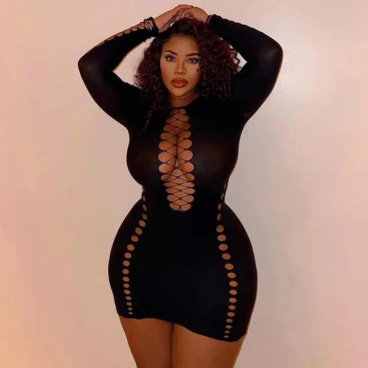 Ladies Sexy Hollow Out Dress - Long Sleeve Short Dress for Casual Wear - Womenswear