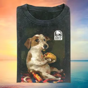 Dog Chill With Taco Bell Vintage Graphic T-shirt, Meme Dog Pigment Dyed Tee with Vintage Oil Painting Pup Eating Pizza, Funny dog shirt