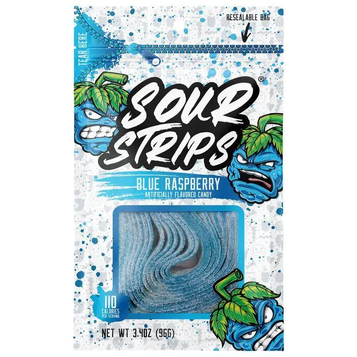 Sour Strips Blue Raspberry Sour Candy Belt Peg  3.4 oz 12 ct