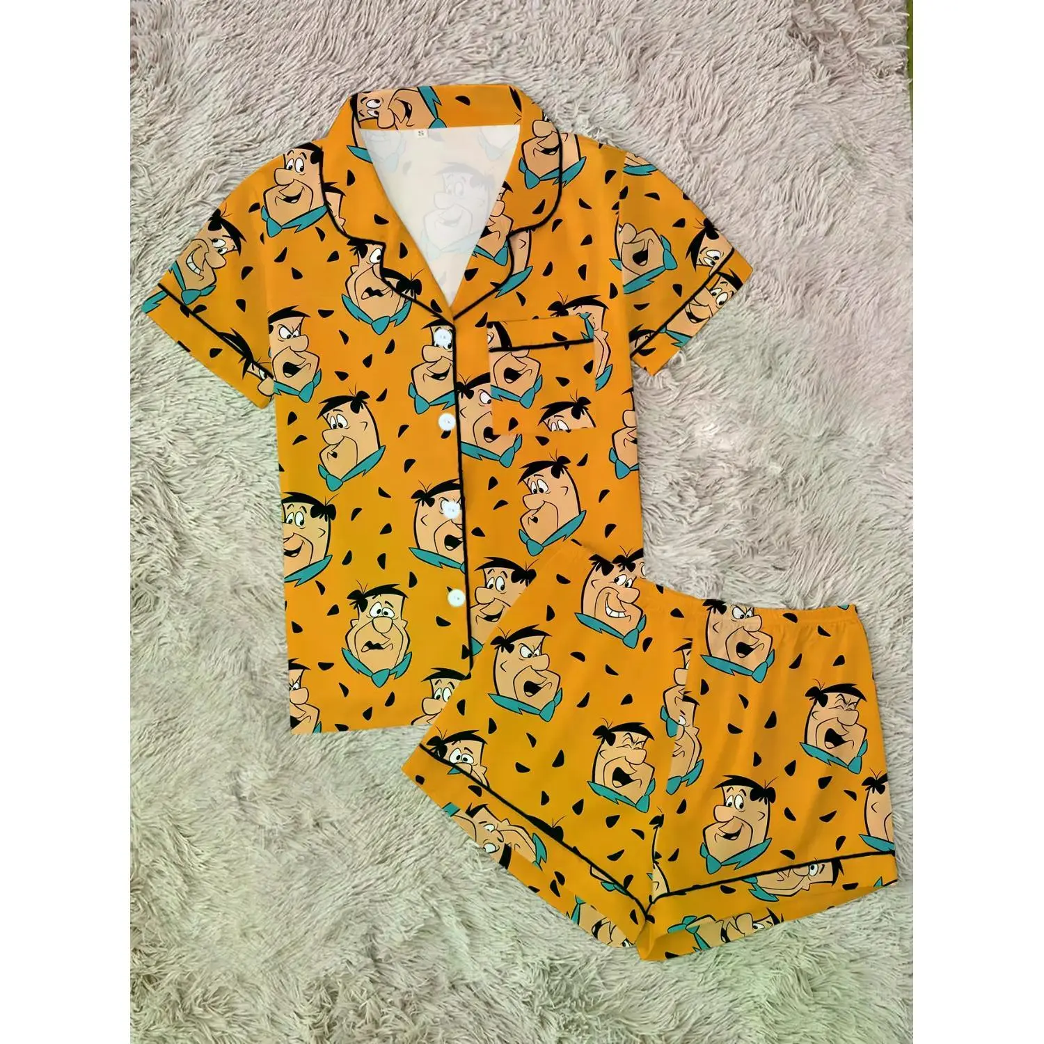 Vintage Caveman Cartoon Pajama Set, Soft Short Sleeve Button-Down Loungewear, Adorable 2-Piece Summer Sleepwear, Playful All-Season Pajamas