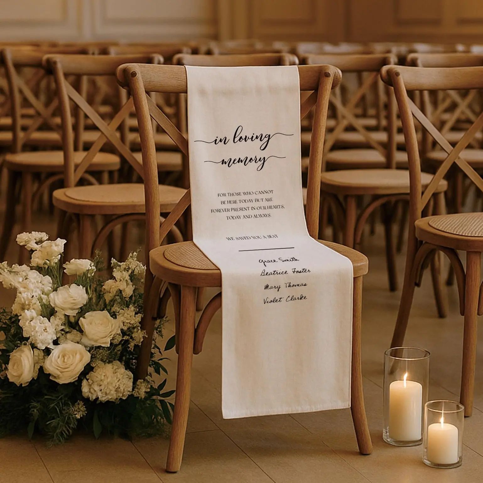 Linen Memorial Wedding Chair Sign - Reserved Banner for Loved Ones, Commemorative Ceremony Tribute, Rustic Aisle Decor, Personalized Keepsake Figurine for Anniversary, Birthday, Engagement, Memorable Ceremony