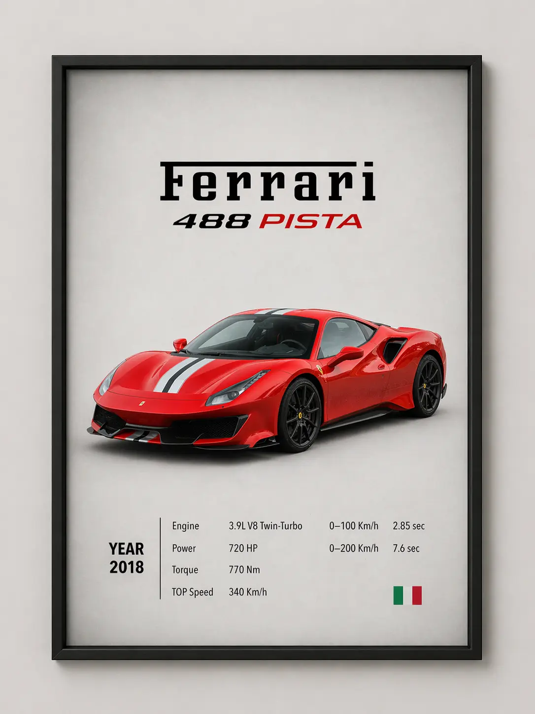 Ferrari 488 Pista Artistic Sports Print Poster, Black-Framed Durable Wall Art with Aerodynamic Designs & Vivid Colors, Luxury Garage Decor Gift for Car Lovers