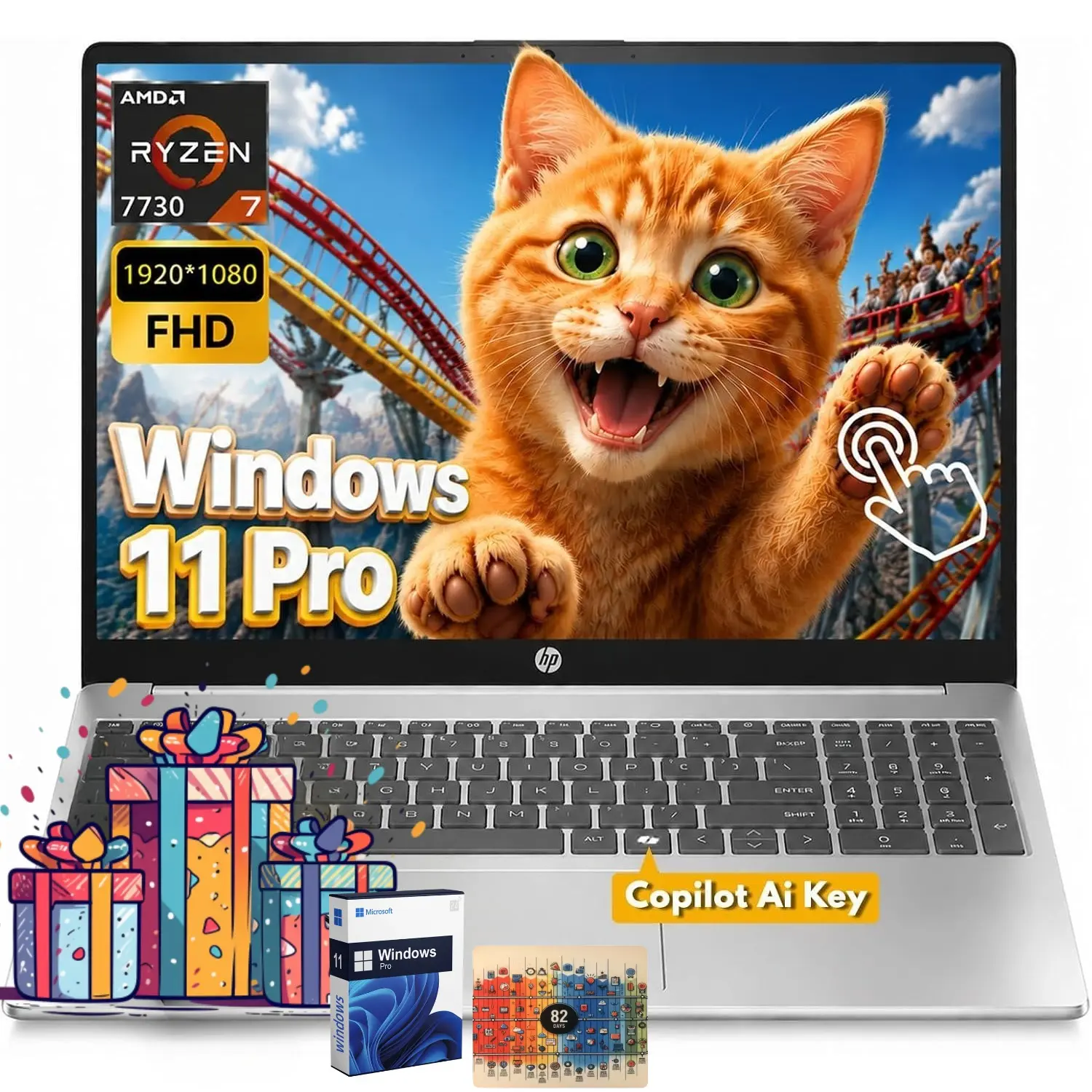 HP 15.6" Full HD Touchscreen Laptop - AMD Ryzen 7 7730U, Up to 32GB RAM, 1TB SSD, Built-in Copilot AI Key, WiFi 6, Fast Charge, Windows 11 Pro, Portable for Business Users, D1523 Bundle with Accessories