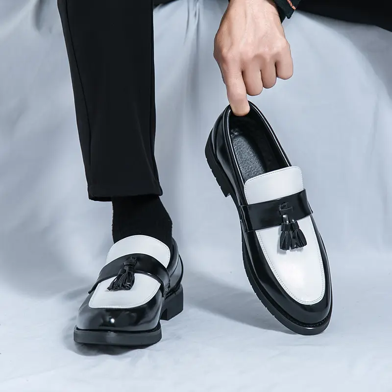 Retro Contrast Color Tassel Penny Loafers For Men, Slip On Pointed Toe Leather Shoes, Non Slip Thick Sole Fashion Formal Walking Shoes