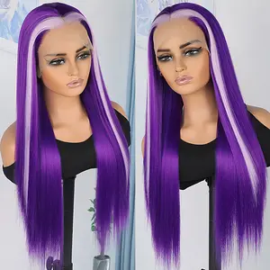 QD-Tizer Double Purple Long Straight Hair 13x4 Lace Area Synthetic Lace Front Wigs Light Purple Highlights Skunk Stripe Wig Halloween Wig Party Wig