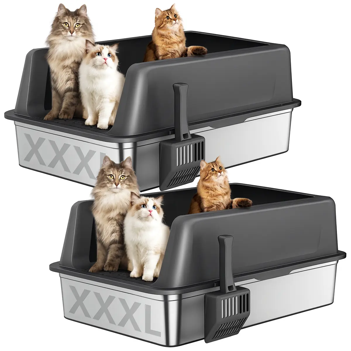 Big Cat XXXL Stainless Steel Litter Box Extra Large Cat Litter Boxes Easy To Clean Reduce Odor Metal Litter Box with Lid for Multiple Cats High Sided Non-Sticky Anti-Urine Leakage Litterbox