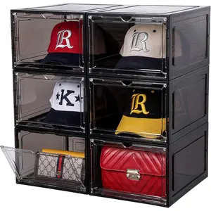 Hat Organizer for Baseball Caps, set of 6, Stackable Hat Storage Box, Hat Holder With Transparent  Door, Hat Rack, Easy to Assemble Stylish Hat Display(Clear Black)