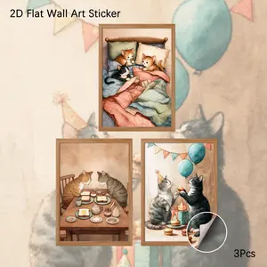 2D Flat Wall Art Sticker, 3Pcs PVC Self-Adhesive Framed Wallpaper Sticker, Whimsical Cat Life Scene Wall Decals, Watercolor Style Animal Art Decor for Living Room, Bedroom, Ideal for Cat Lovers & Cozy Aesthetic Fans